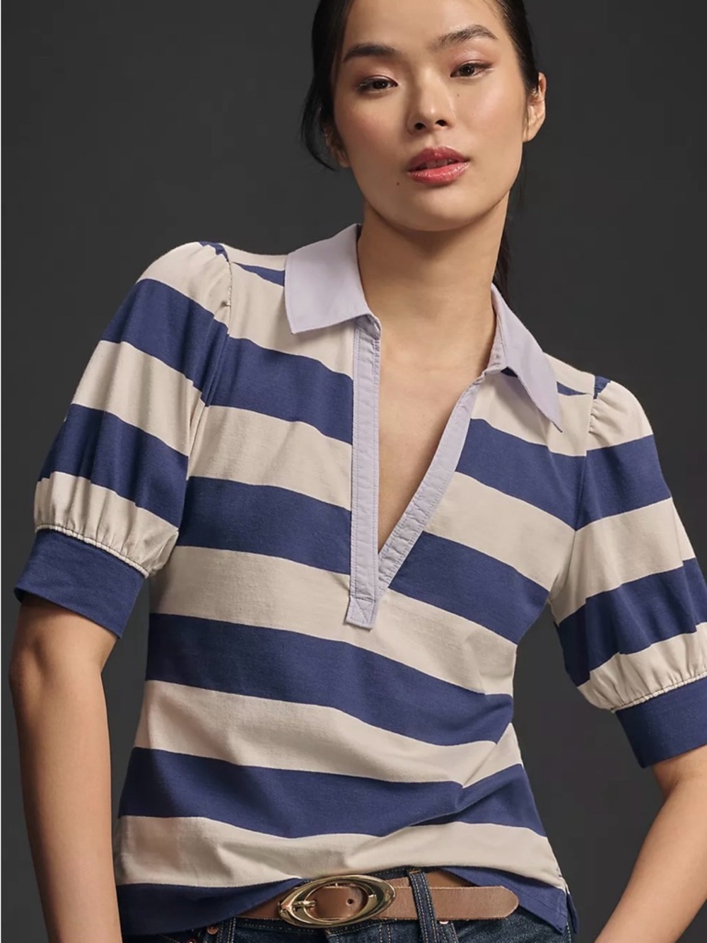 Anthropologie Navy and Cream Striped Polo-Style Top